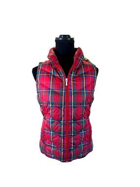 Lands End Red Plaid Premium Down Vest Womens Size 2-4 XS Lightweight Puffer Vest